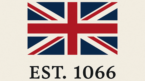 Union Jack flag with 'EST. 1066' text on a beige background